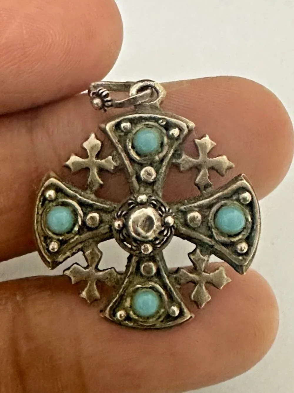 Vintage Jerusalem Cross Pendant Silver Tone Turquoise Stones 1 Inch